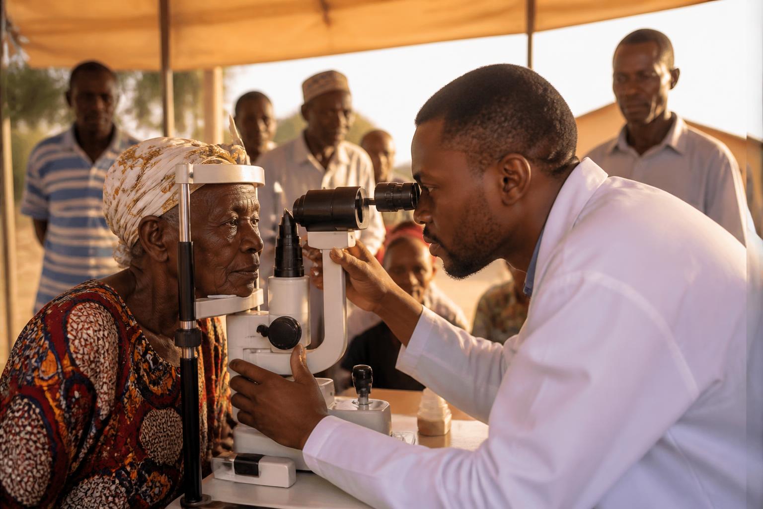 Outreach team screening an elderly woman's eyes during a rural community eye camp