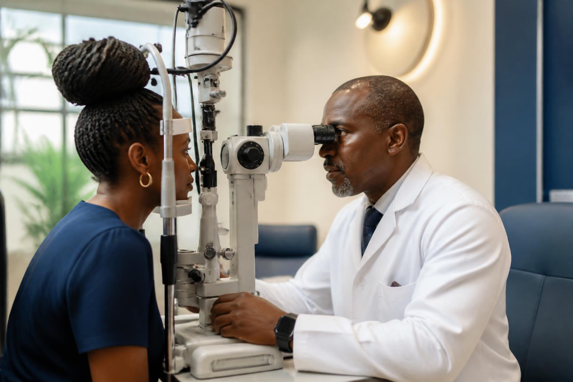 Ophthalmologist examining a patient's eyes with a slit lamp at Standard Eye Specialist Hospital, Abuja