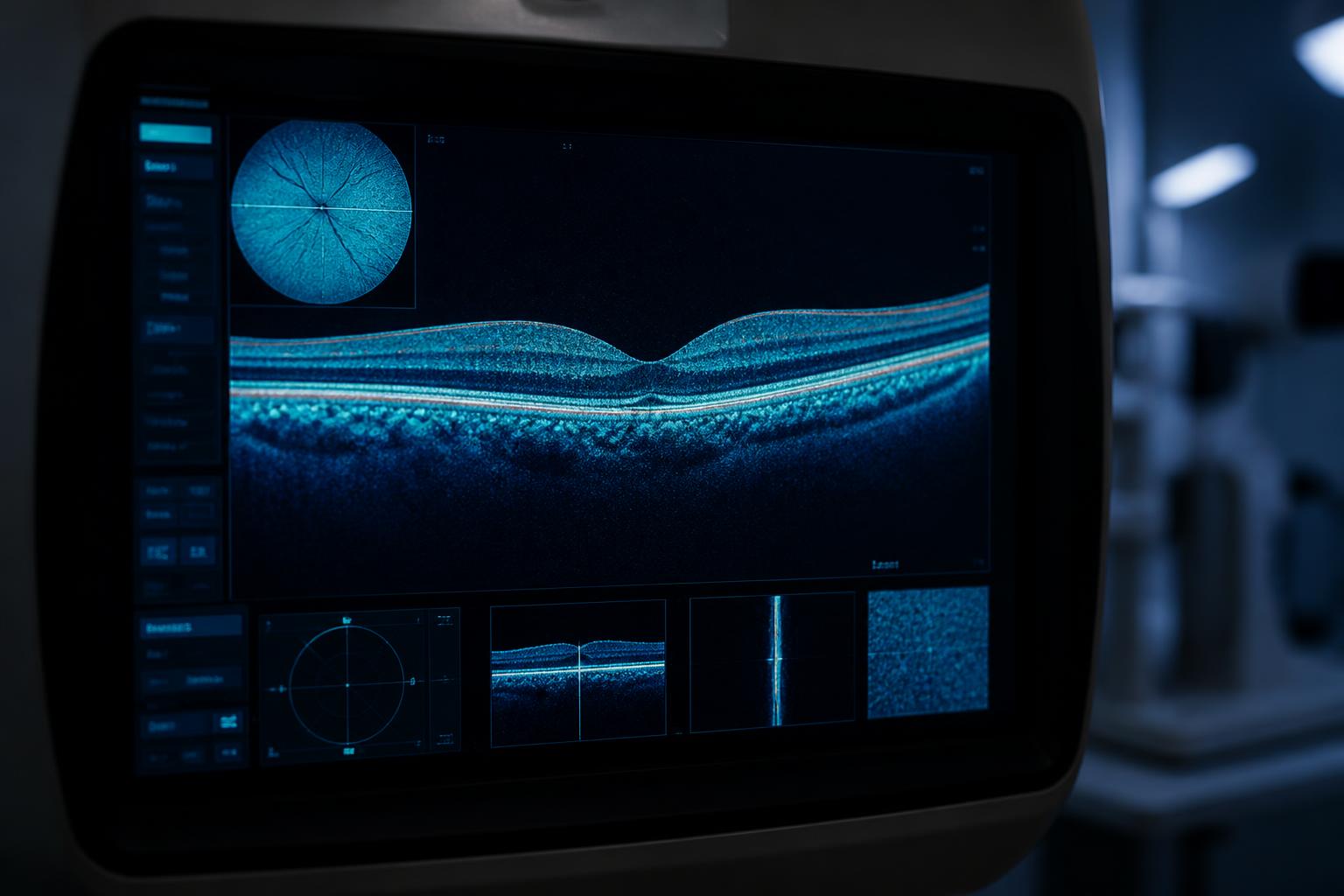 OCT scanner displaying a detailed cross-section scan of the macula